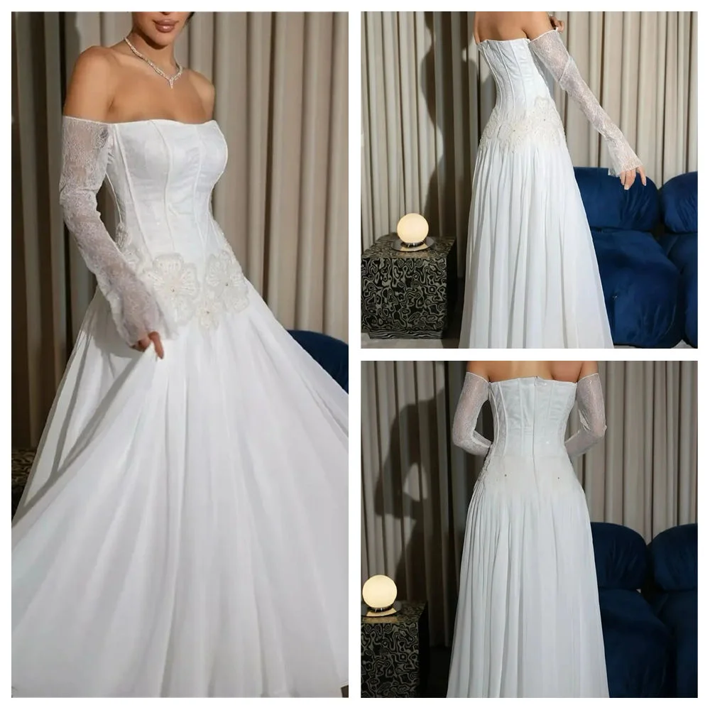 

Customized Modern White Chiffon Party Dress Delicate Boat Neck Off the Shoulder Long Sleeves Party Dress Soft Celebrity Gowns