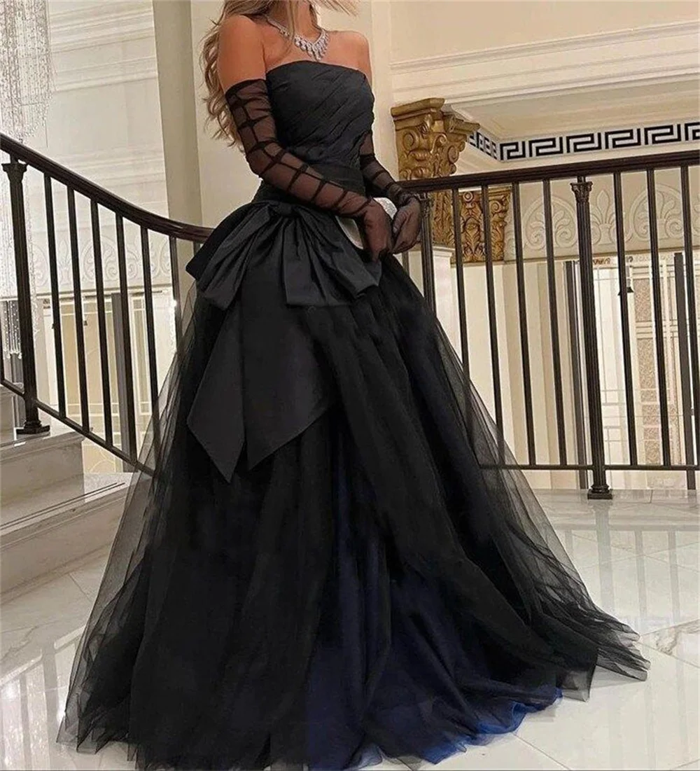 Amanda Sexy Strapless Puffy Prom Dress Blue-Black فساتين السهرة With Bow Elegant Tulle Puffy A-line Vestidos De Noche