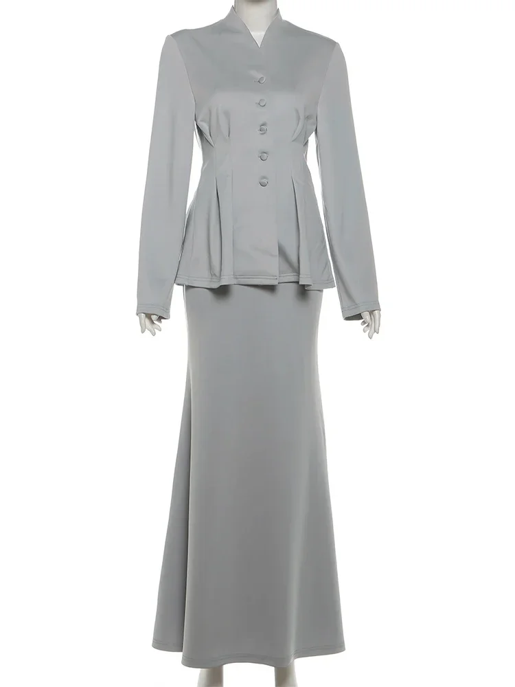 EOENKKY Office Blazer 2-Piece Set Women Single Breasted Ruffle Coat+Peach Hip Trumpet Skirt Matching Elegant Commute Outfits