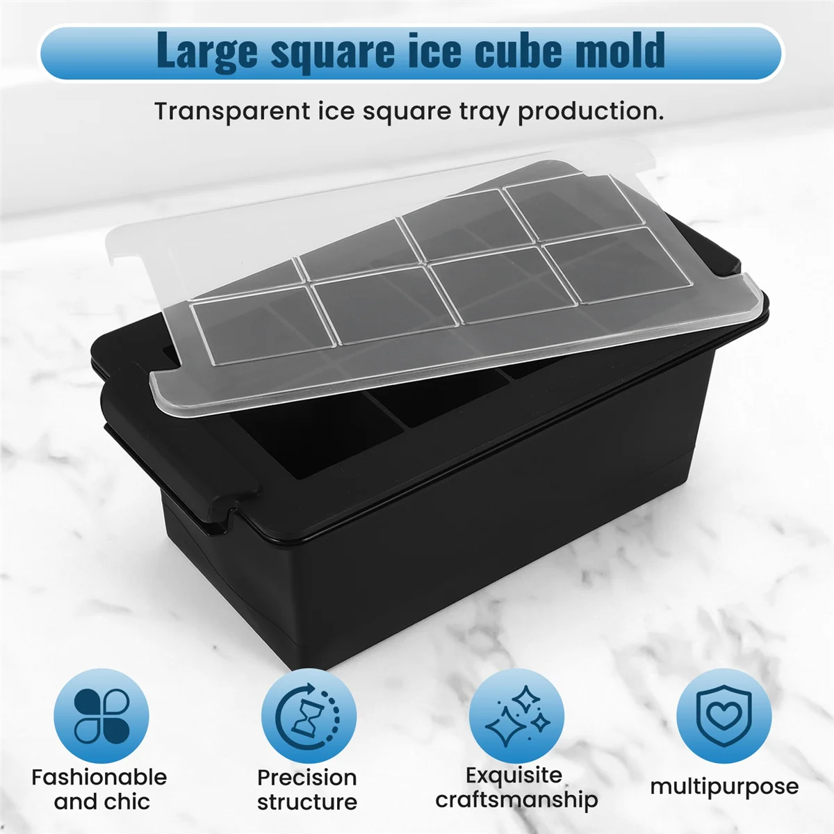 صانع الثلج الشفاف AAAF، صينية مربعة للثلج الشفاف تصنع 8 مربعات ثلج مربعة كبيرة، صانع مربع ثلج شفاف كريستالي للكوكتيلات
