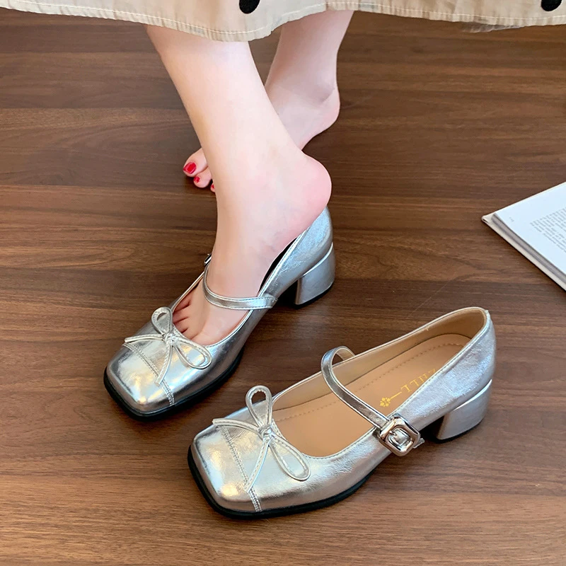 

Womens Pearl Bow New Arrival Pointed Toe Slip On Shoes Korean Style 3Cm Chunky Heel Pumps Apricot Color Elegant All Match Daily