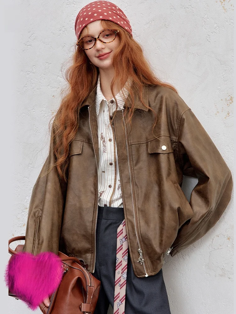 

Retro Brown PU Leather Jaet Women's Loose Cool Motorcycle Coat Elf Sa Fairy ket Vintage Sle Long Sve Zipper Closure