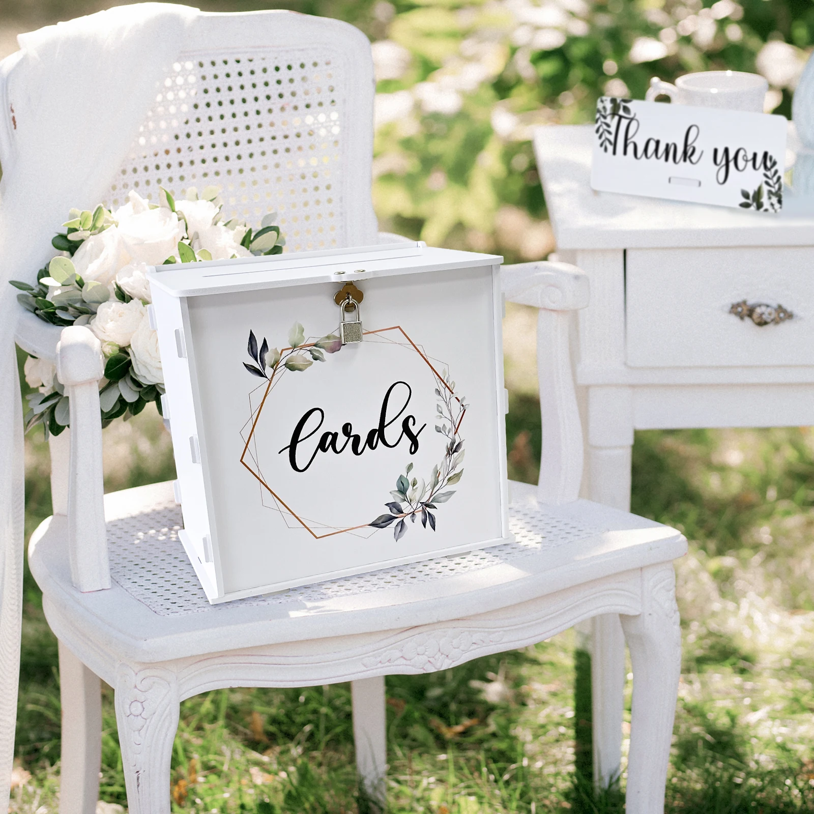 White Wedding Card Box with Lock, PVC Gift Card Box for Wedding Reception, Eucalyptus DIY Wedding Envelope Money Card Box