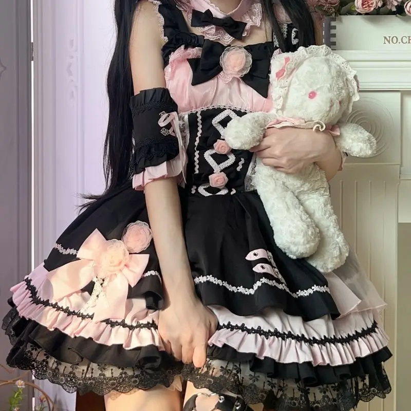 Japan Victorian Lolita Dress Women Gothic Y2k Puff Short Sleeve Laminated Flounces Mini Dresses Bow Ruffles Princess Vestidos