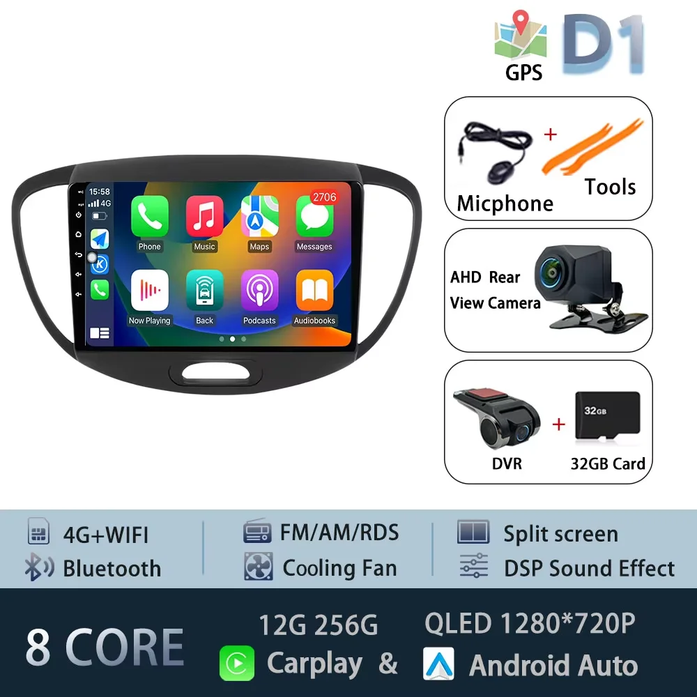 Android 15 Carplay Auto Radio Voor Hyundai I10 2007-2013 CarPlay Auto GPS Recorder Multimedia video Speler 4G + WiFi DSP