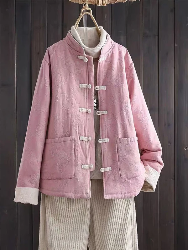 

Теплая верхняя одежда свободного кроя с цветочной вышивкой, воротник-стойка, китайский стиль, хлопок, осенне-зимняя модная женская куртка...