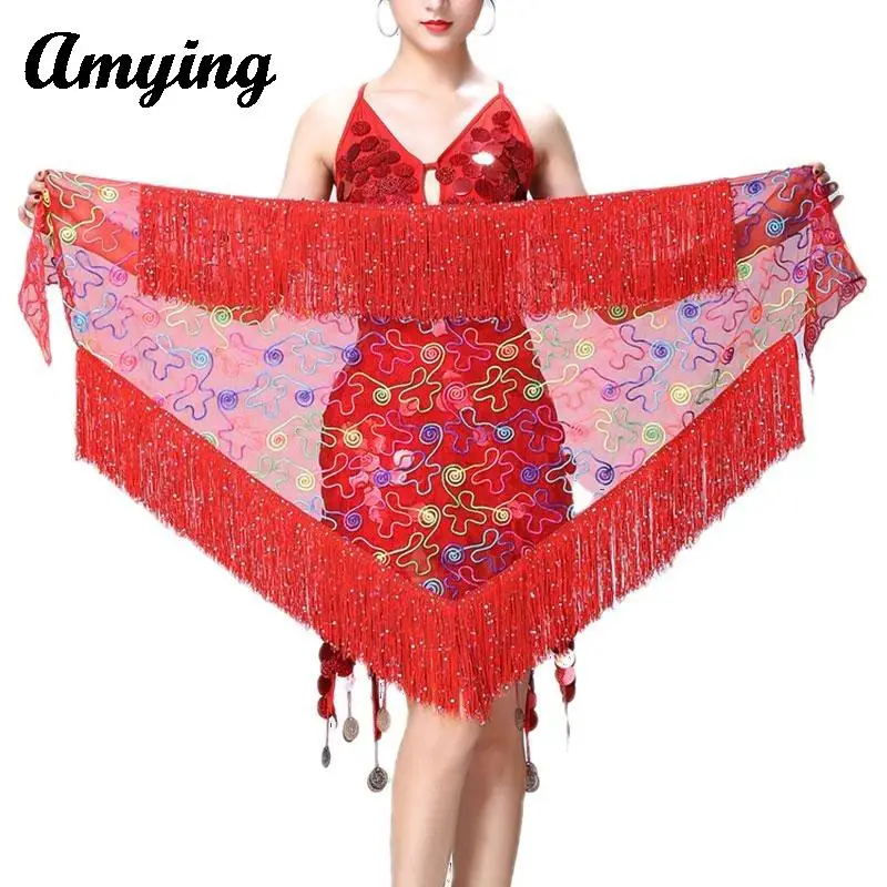 Lady Sequins Large Triangular Scarf Women New Belly Dance Tassel Hip Scarf Dance Performance Practice Costumes Waist Scarf