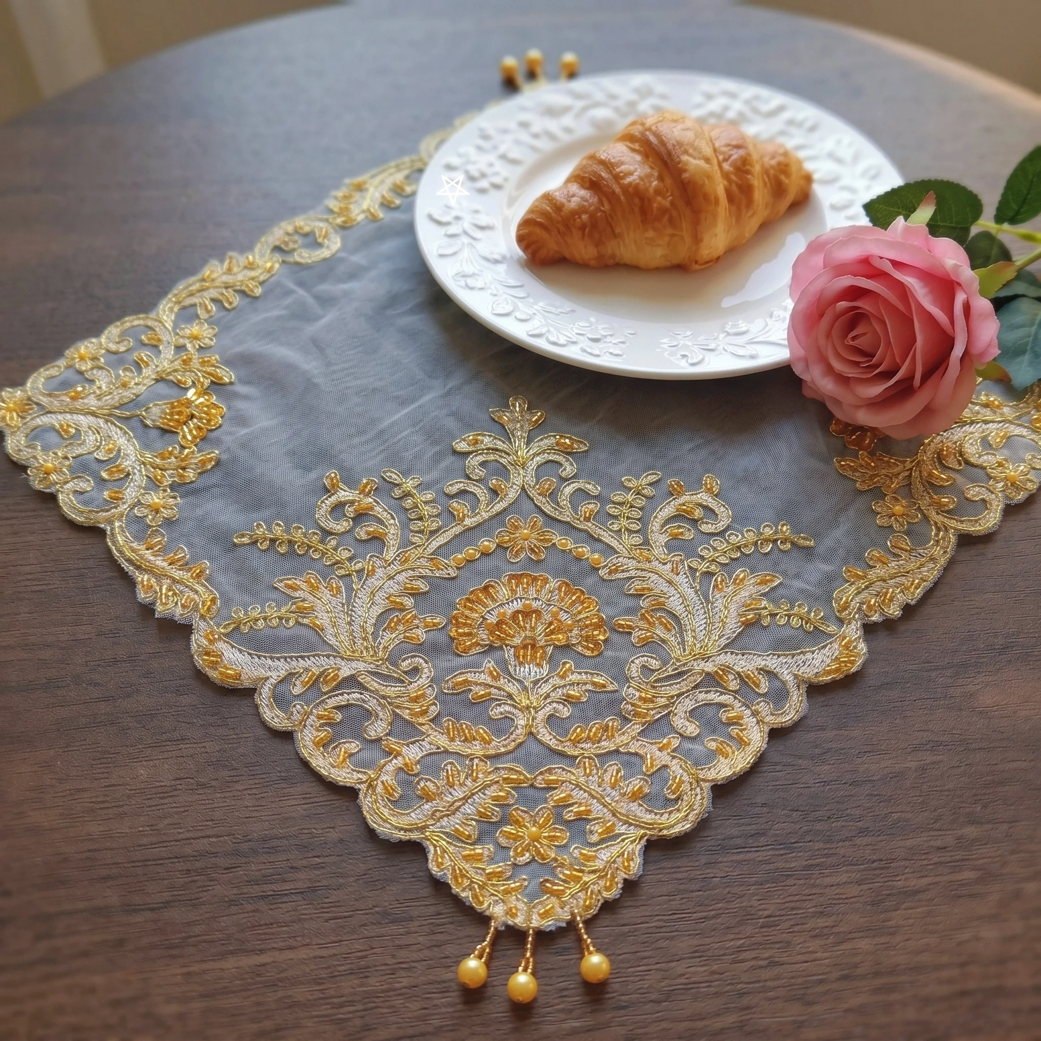 6pcs Square Placemats Gold Sequin Embroidery Lace Table Mats Luxury Table Mats For Wedding Christmas Party Festival Decor