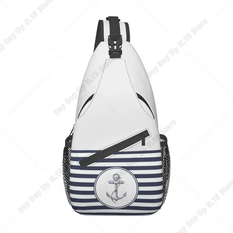 Custom Blue Stripes Nautical Anchor Sling Crossbody Chest Bag Men Fashion Shoulder Backpack for Camping Biking