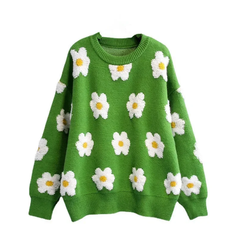 Little Daisy o-collo maglione donna Jacquard autunno inverno semplice Pullover lavorato a maglia maglione elastico Casual spesso allentato caldo Y2k