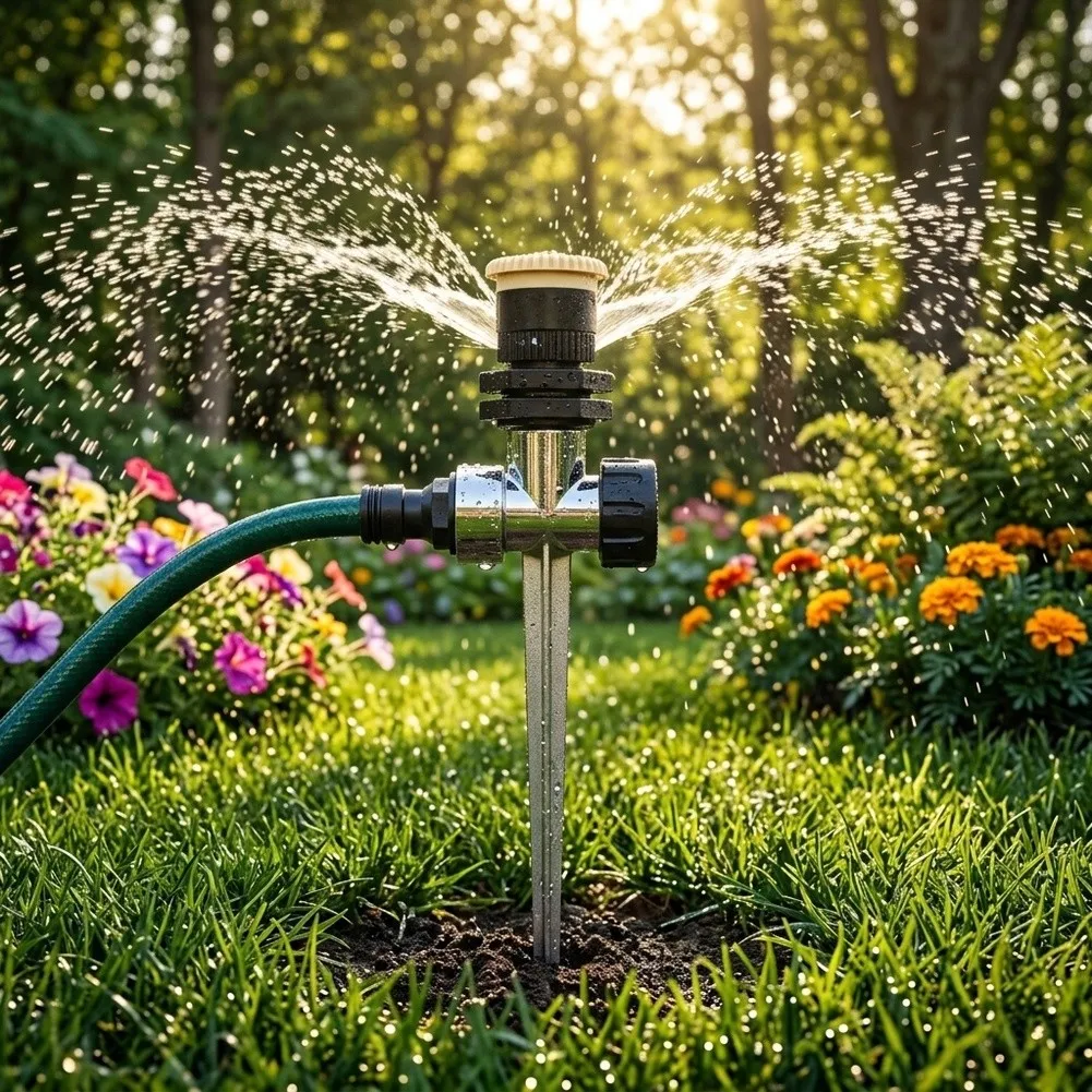 Three Metal Lawn Sprinklers with Alloy Ground Spikes Built for Repeated Deployment in Seasonal Garden Watering Schedules