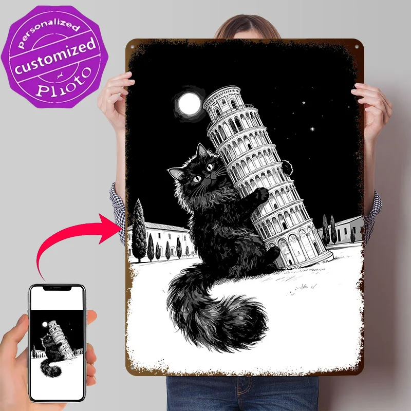 Black Cat Hugging Leaning Tower of Pisa Poster Retro 3D Printed Metal Signs Customized Wall Hanging Gift for Coffee Bar Man Cave