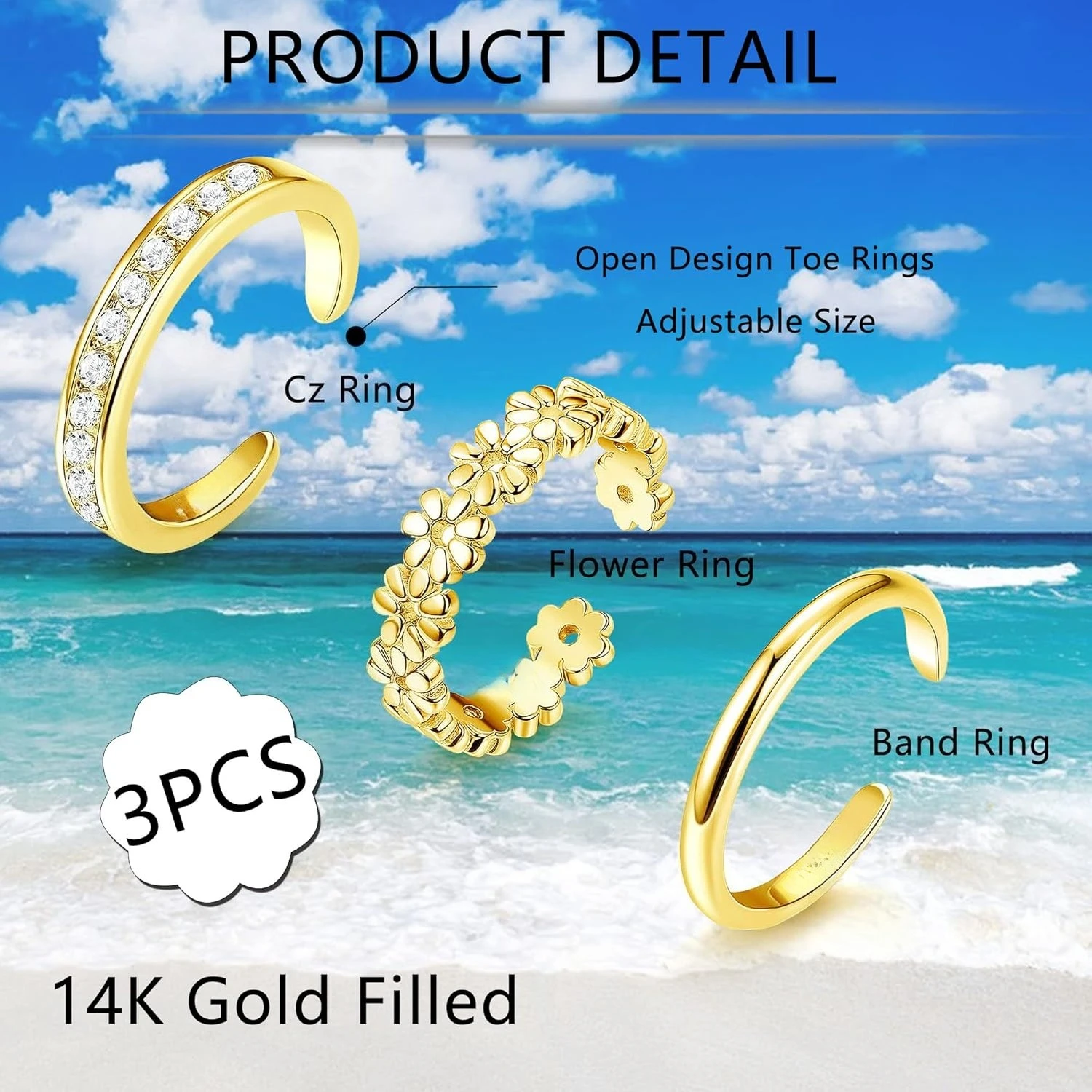 3pcs Adjustable 14K Gold Filled Flower Toe Ring Set
