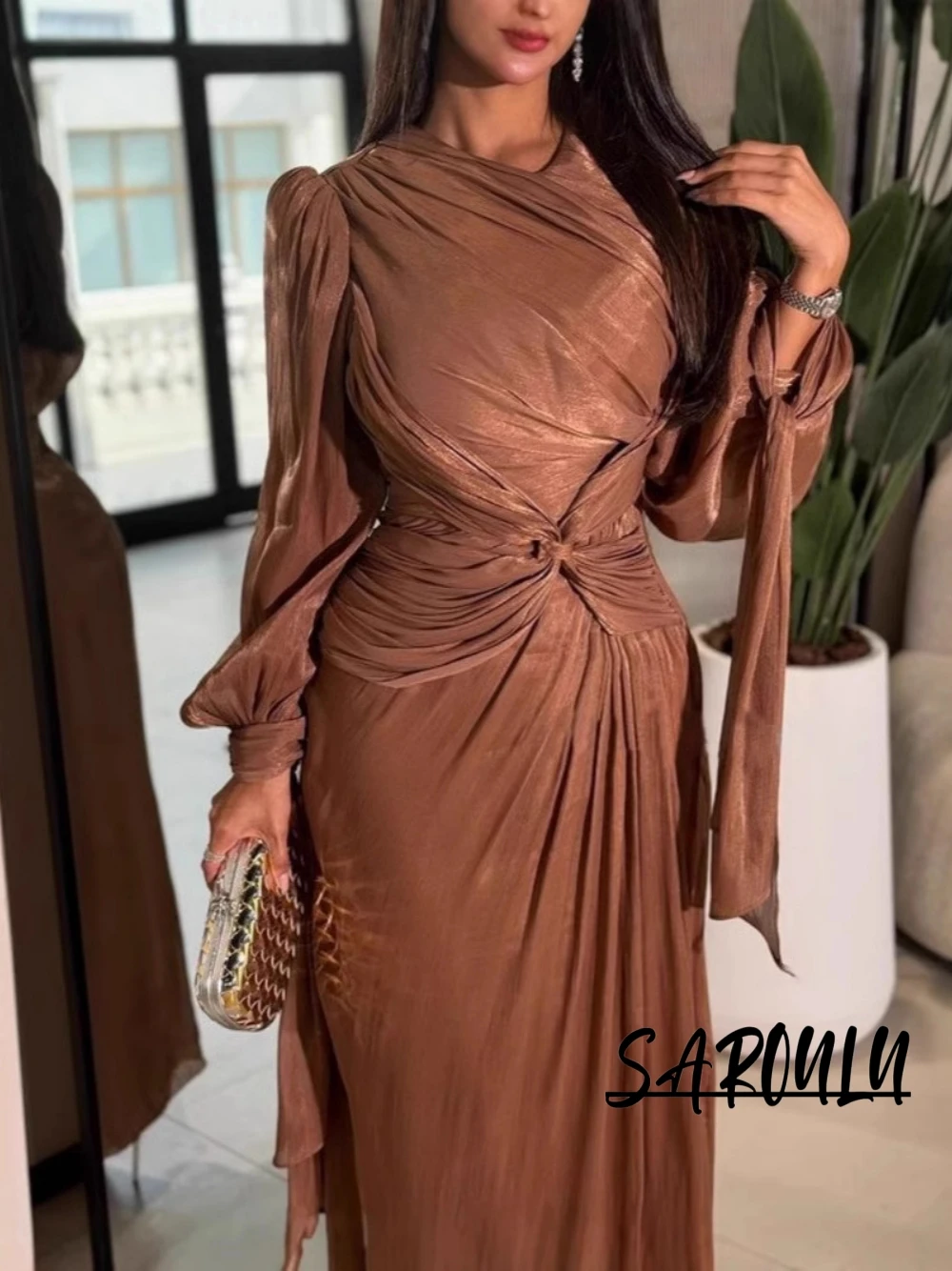 Pleated Shiny Fabric Evening Dress Fashionable Long Sleeves Kaftan Prom Gown High Quality S-2XL Dinner Party Women Wear