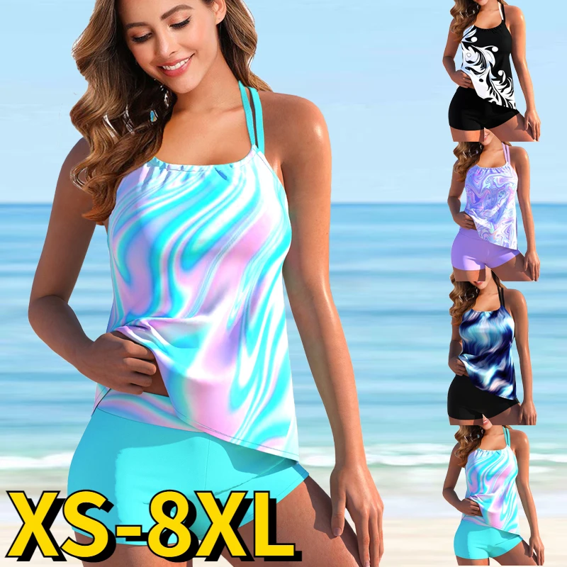 

2022 New High Waist Abstract Print Tankini Set Sexy Loose Size Two Piece Set Swimsuit Swimwear Women Fashion Beach Bathing Suit