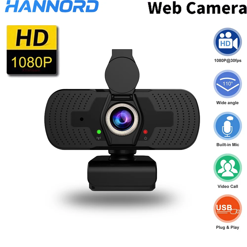

Веб-камера Hannord 1080P Full HD, микрофон, потоковая передача, USB-веб-камера, запись видео с конфиденциальной крышкой для онлайн-курса в прямом эфире