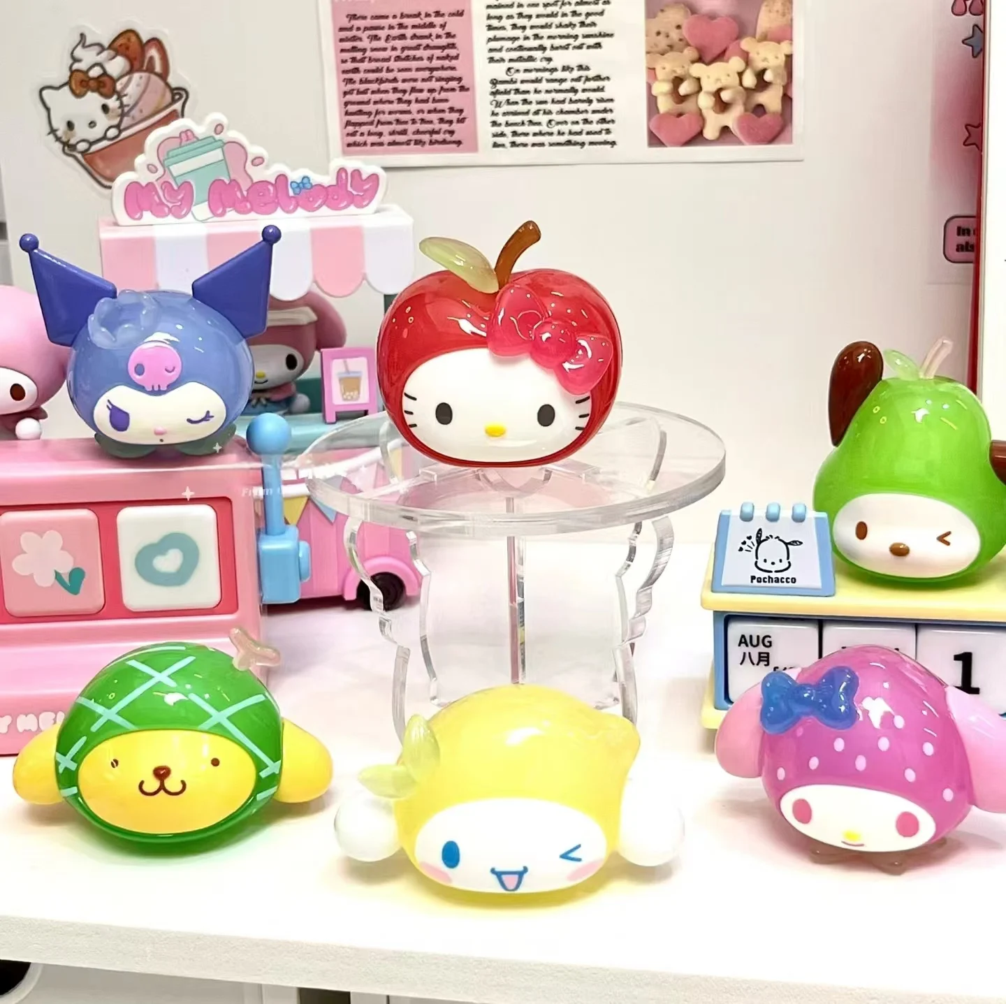 Genuino Sanrio fruta lindo gránulos 24 Kuromi Pacha perro juego de moda adorno hecho a mano decoración de escritorio juguete para regalo muñeca de dibujos animados