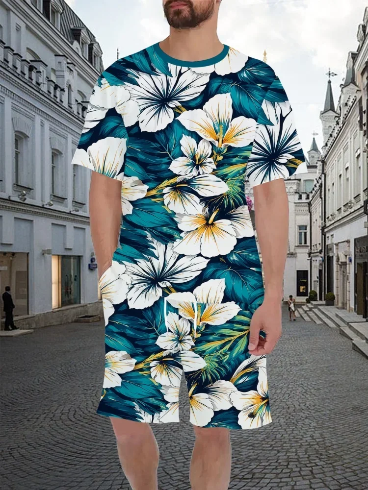 

Summer Men's O-neck Short Sleeve Sets Simple Floral Print Hawaiian Style Street Trend Casual Breathable Men's Two-piece Set
