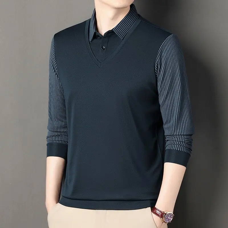 Men's Faux Two-Layer Polo Long Sleeve Casual Collared Top