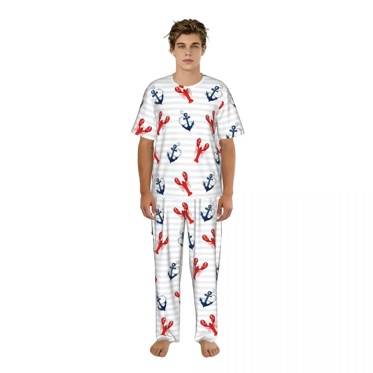 

Sleepwear Summer Spring Home Clothes Tropical Marine Lobster Anchor On Stripes Short Sleeve Long Pant Nightwear
