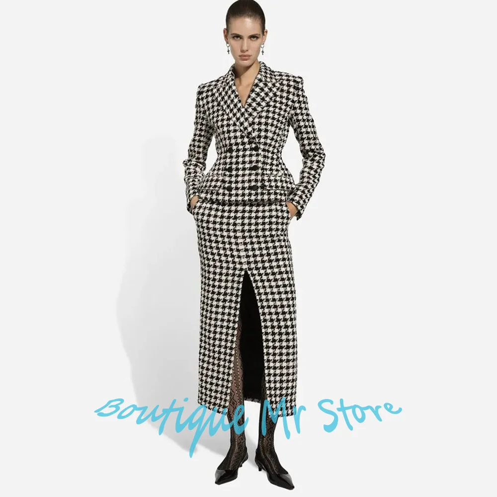 

Luxury Women's Houndstooth Double Breasted Blazers and Suit Sets Tailored Jacket+Midi Skirt with Front Slit Daily Office Wear