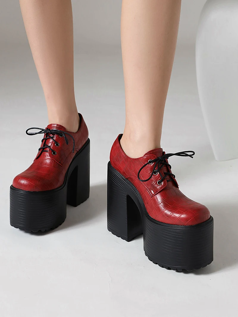 Wine Red Stone Pattern Ultra-High Platform Heightening Shoes Hollowed Out Ultra-High Thick Heel Lace Ups For New Women In Spring