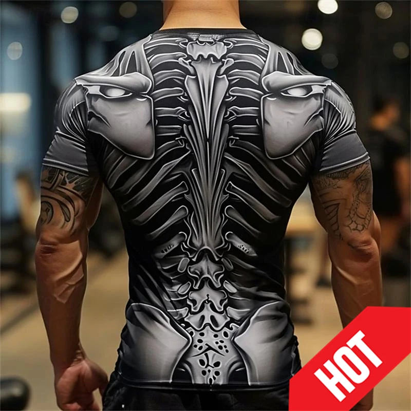 Skull Skeleton Retro Vintage 3D Printed T-Shirt Men Sports Fitness T Shirt Short Sleeve Crew Neck Shirt Y2k Helloween Costume