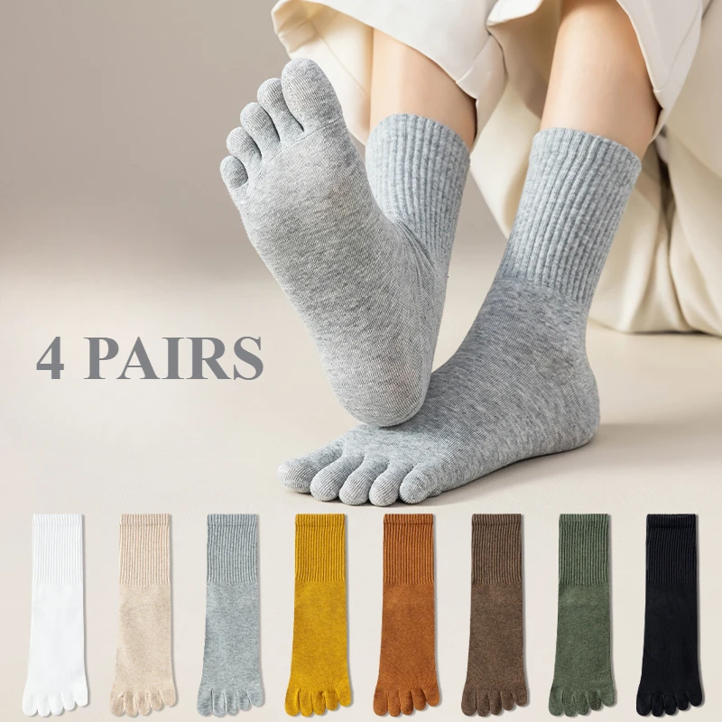 4 Pairs Five Finger Socks Women High Quality Cotton Toe Socks Autumn Spring Middle Tube Sports Socks with Separate Fingers