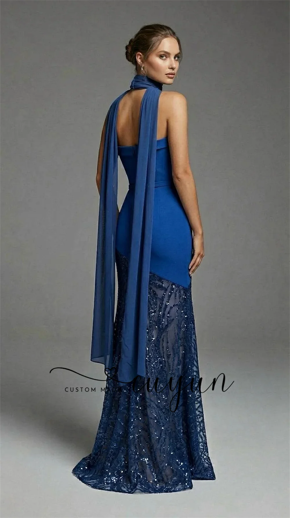 CUYUN Customized Royal Blue Modern Evening Gown Women Formal Dresses Patchwork Jersey and beading Lace Gown with Scarf and Belt