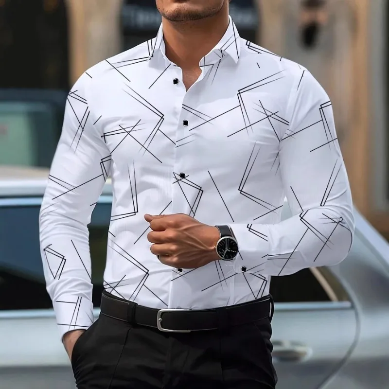 

Men's Geometric Print Long Sleeve Shirt Turn-Down Collar Breathable Business Casual Button Down Tops Fashion Streetwear