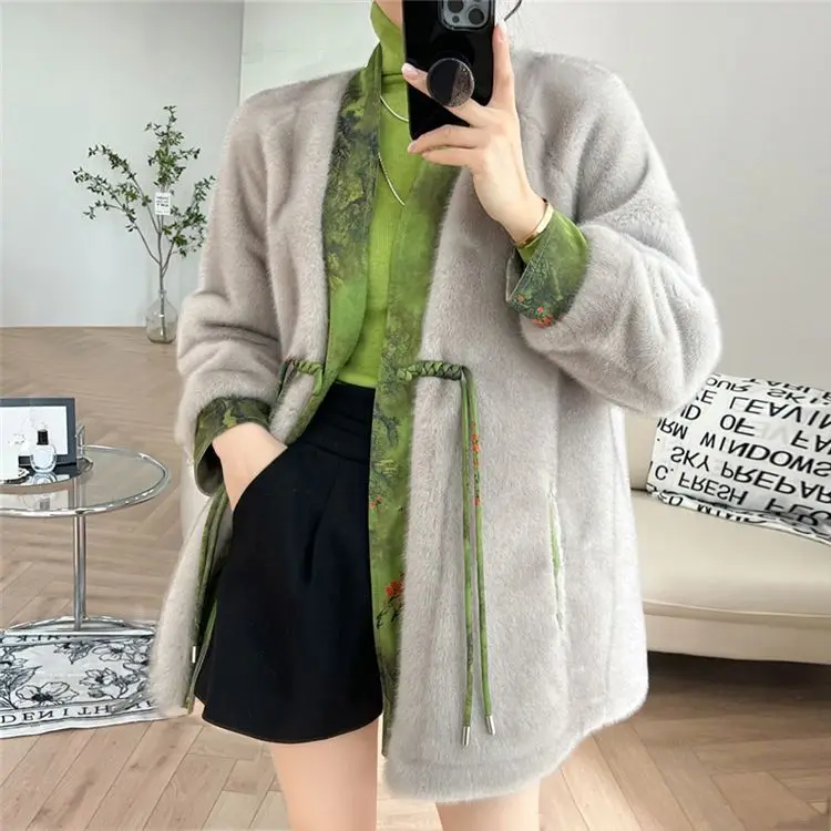 New Imitation Mink Fur Coat for Women New Chinese Style Fur Coat, Thickened and Fashionable Cold Resistant Mink Fur Coat