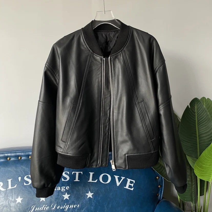 Damska kurtka bejsbolówka ze skóry naturalnej, luźny krój, wyszczuplająca, nowość zima 2023, ocieplana bawełną, mały rozmiar, odzież wierzchnia.