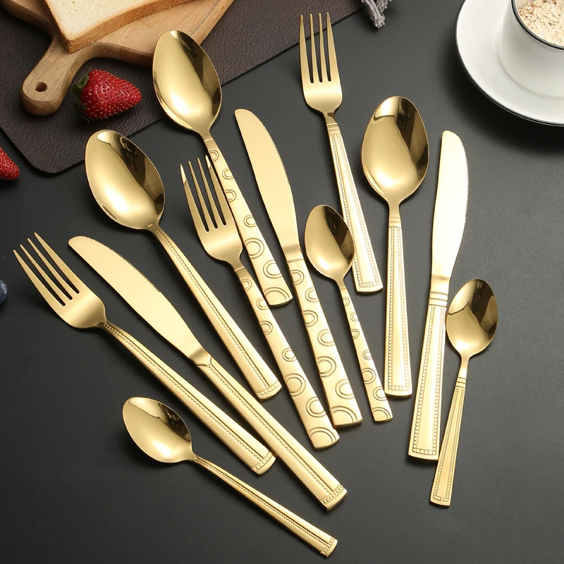 Golden Western Stainless Steel Cutlery Set Thickened  Printed Spoons Forks Knifes Dinnerware Set Tableware Kitchen Utensils