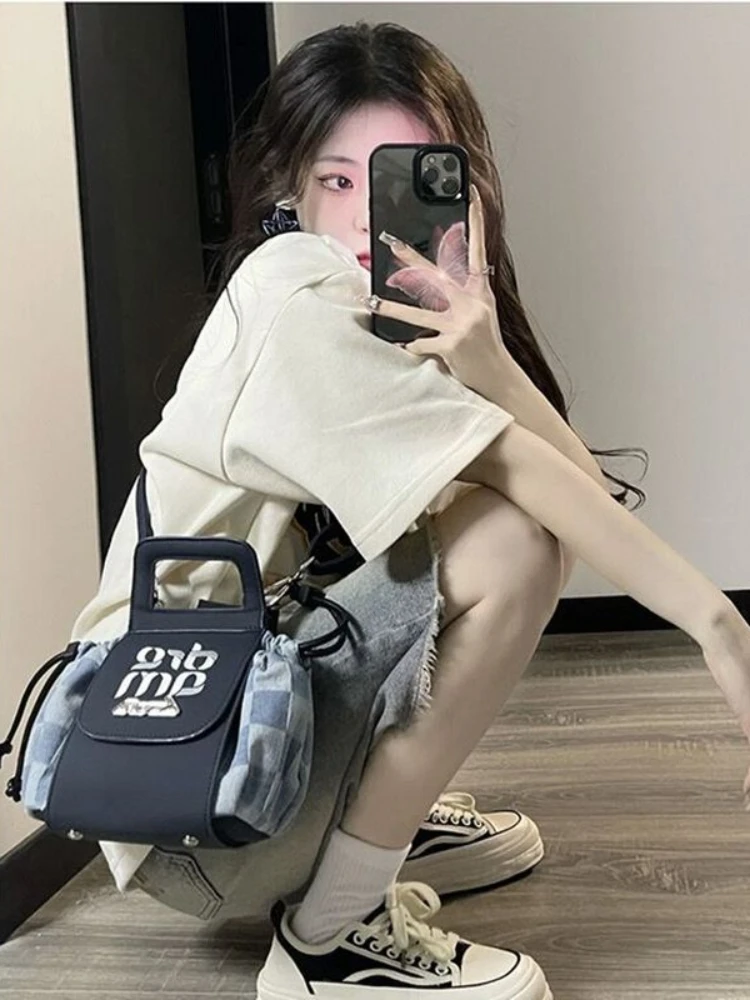 Jeans Donna Dolce Studenti Lunghezza al ginocchio Denim strappato allentato Giovane semplice stile retrò americano Chic Distressed Harajuku High Street