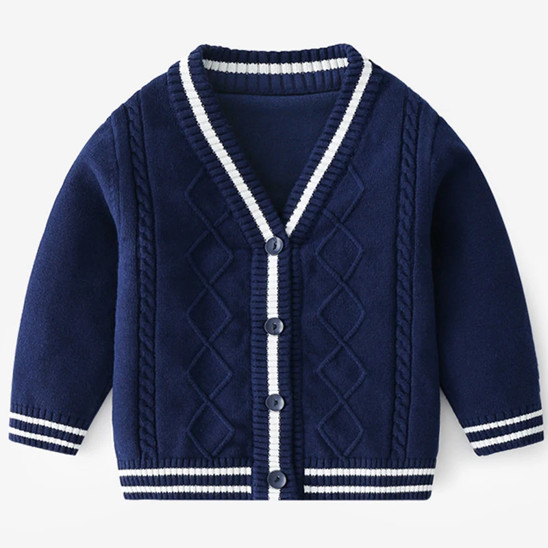 New Pure Cotton Sweater Solid Color Knitted Children\'s Sweater Cardigan Autumn Winter Academy Style V-Neck Baby Knitted Coat