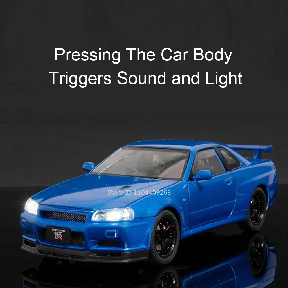 Schaal 1:24 GTR R34 R35 Sportwagen Model Speelgoed Legering Diecast Simulatie Geluid Licht Trek Decoratie Voertuig voor Kinderen Geschenken