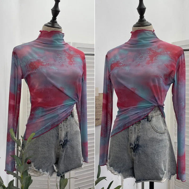 2026 New Women's Semi-turtleneck Long-sleeved Bottoming Shirt Top Smudged Mesh Perspective Slim-fitting T-shirt