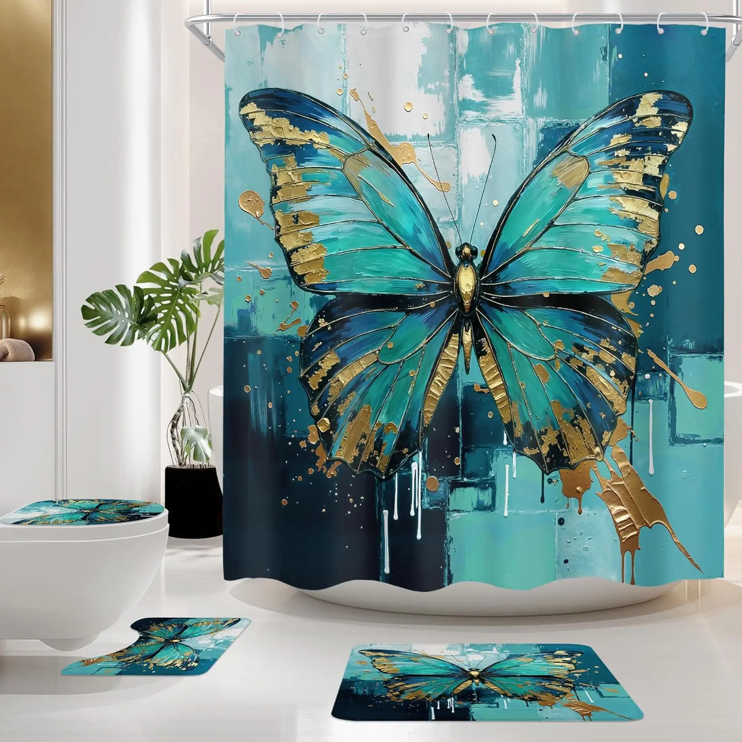 

Blue and Gold Butterfly Shower Curtain Abstract Art Print Bathroom Decor Elegant Bath Curtain for Home Decoration
