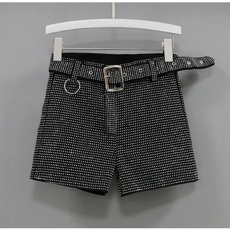 Women's Heavy Industry Shiny Diamond Shorts Streetwear 2023 Summer New Korea High Waist Shiny Casual Shorts With Belt Female