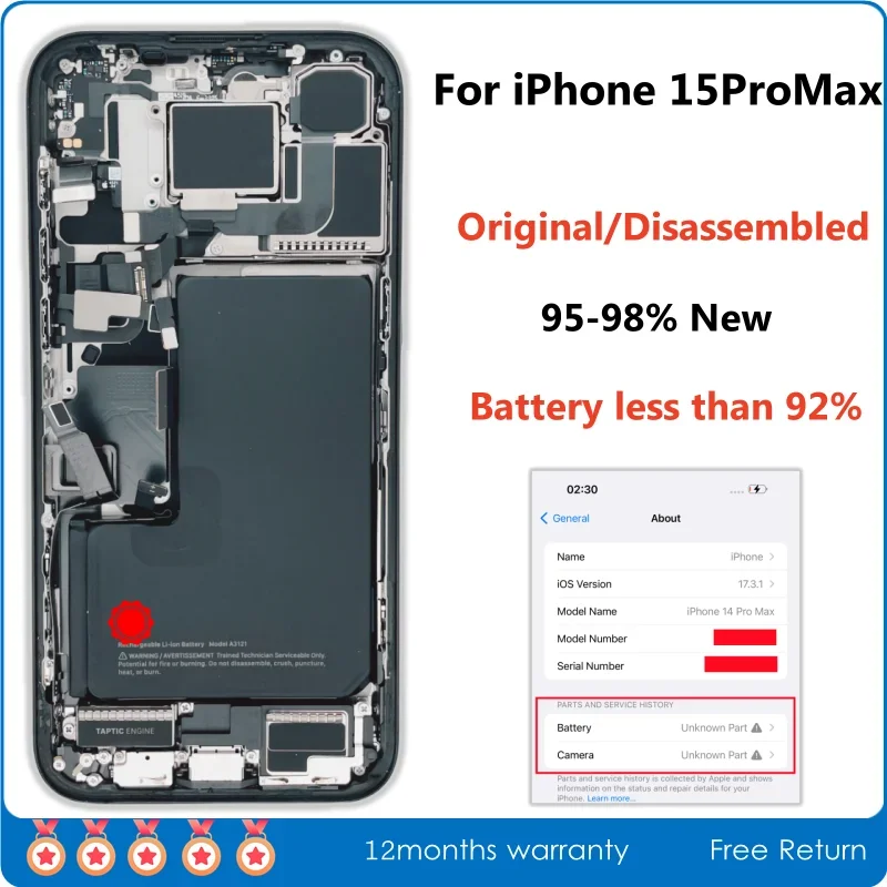 

95% новая разобранная задняя крышка среднего корпуса для iPhone 15 Pro Max с аккумулятором, задняя камера, NFC, беспроводная сборка