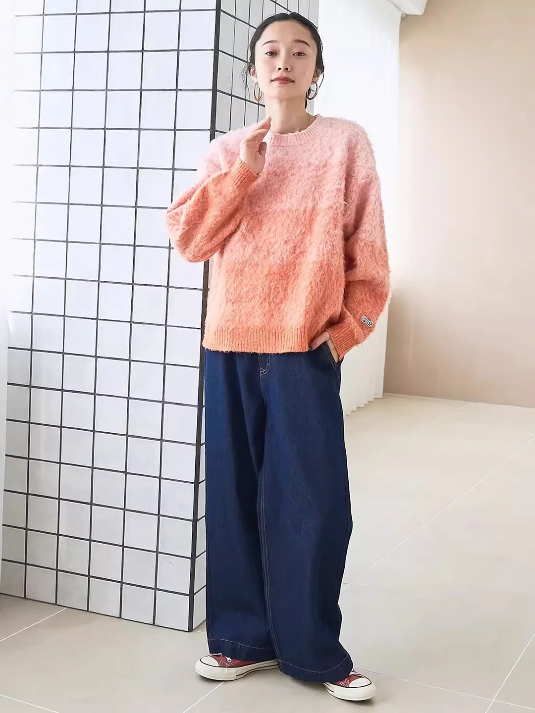 Suéter de Punto para Mujer, Estilo Dulce, Color Deadado, Cuello Redondo, Manga Larga, Estampado de Zorro, Corte Hoado, In...