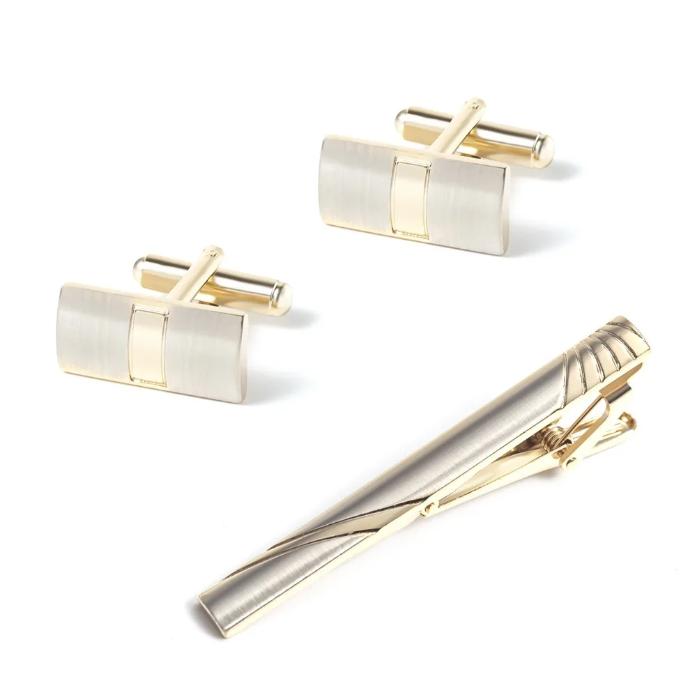 Ein Set Luxuriöse Goldene Quadratische Krawattenklammer und Manschettenknöpfe für Herren, Gebürstetes Glänzendes Finish, Formelle Manschettenknöpfe, Hochzeitsgeschenk für Männer, Großhandel