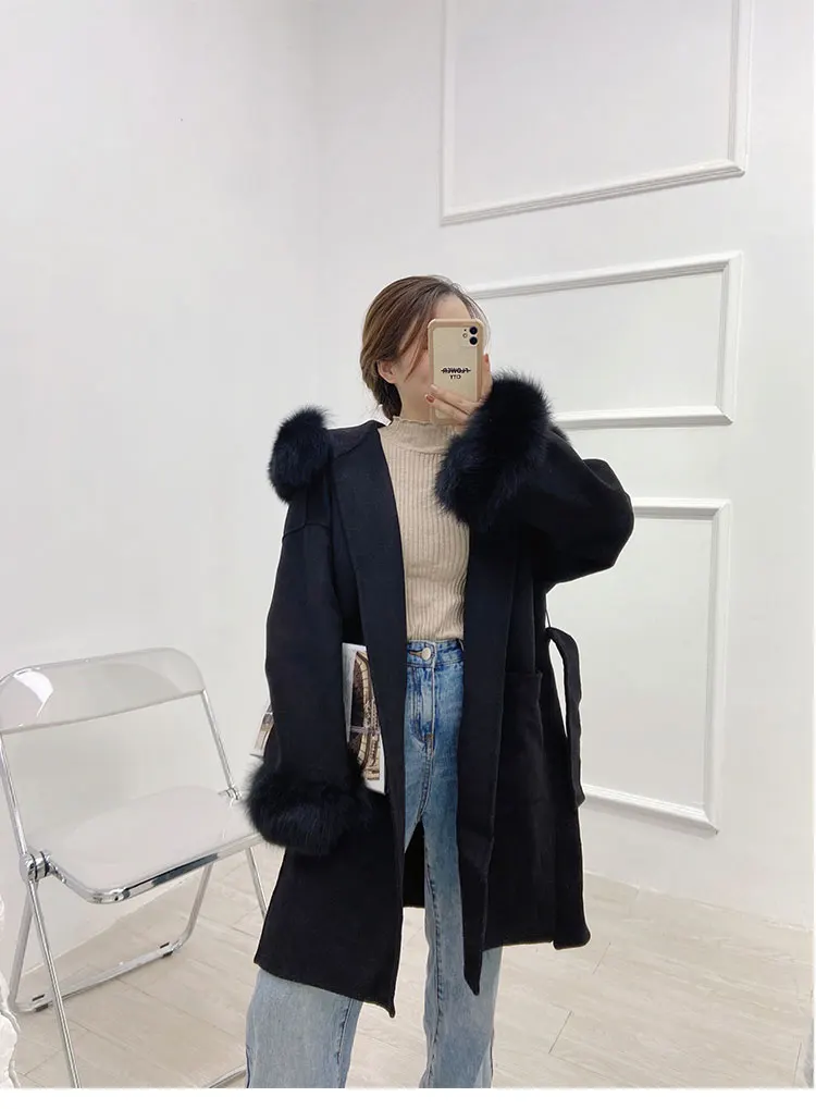 FURYOUME Winter Cashmere Coat Women Real Fur Coat Mid-length Wool Jacket Camel Black Outerwear Fox Fur Collar and Cuffs Belt