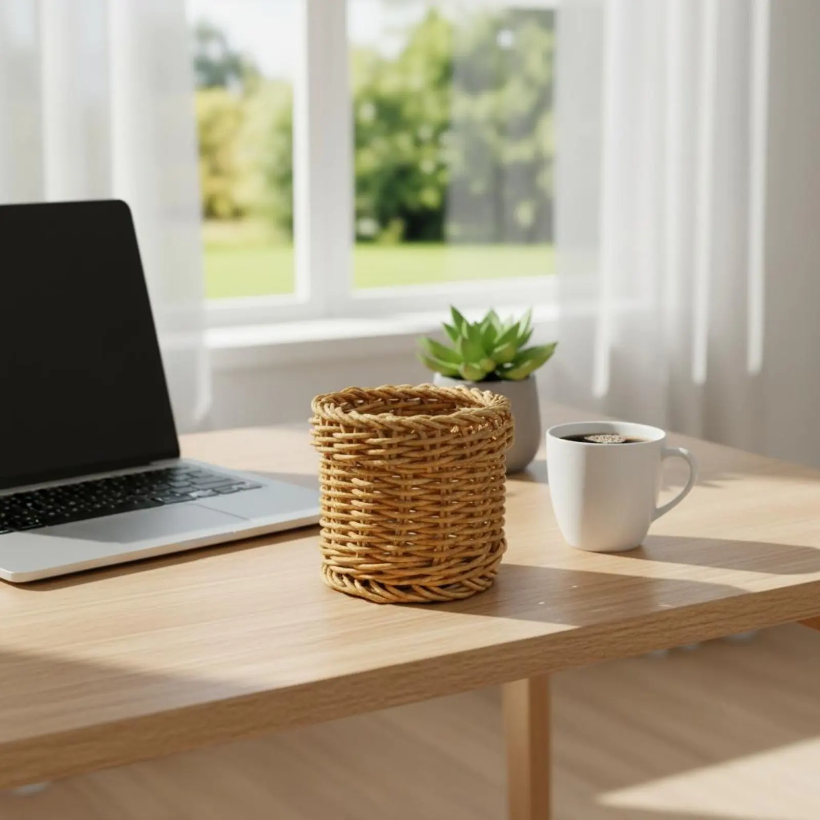 Woven Pen Holder Multi-Functional Woven Writing Instrument Holder Imitation Rattan Desk Holder Handmade Rattan Design Storage