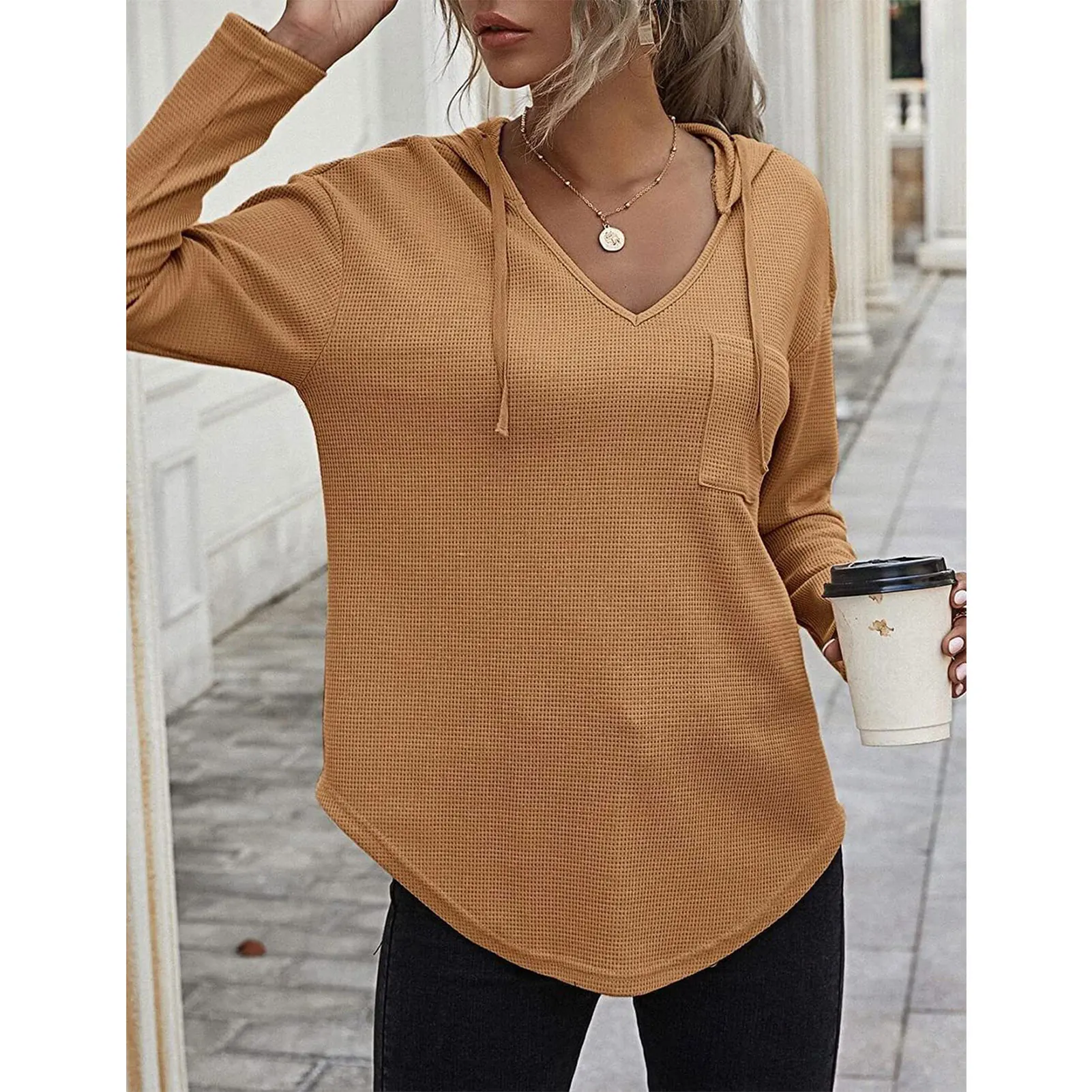 Women's V Neck Hoodies Long Sleeve Sweatshirt Drawstring Pullover Tops with Pocket for Work Sport Daily Wear