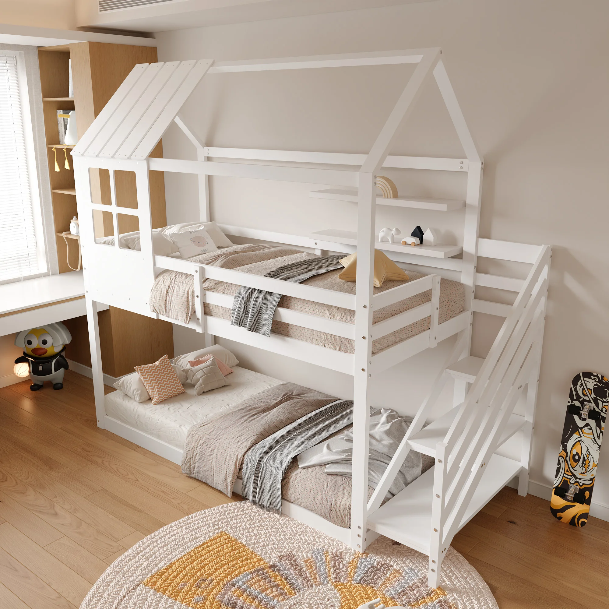 200x90cm Doppelbett, Bett mit Ecktreppe, Hausbett, Kinderbett mit Fallschutz und Gitter, mit Fenster, Gestell aus Kiefernholz