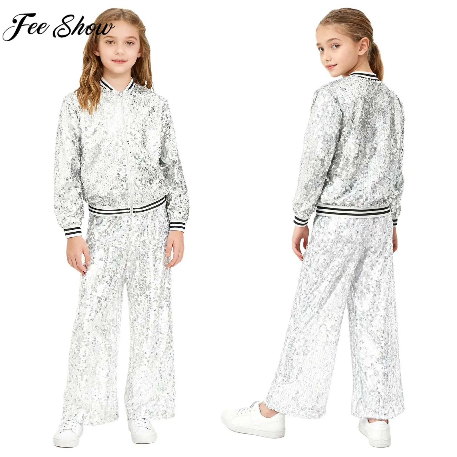 Dziecięcy dziewczęcy błyszczący strój do tańca hip-hopowego, jazzowego i street dance'a, kurtka baseballowa z długim rękawem i spodnie z szerokimi nogawkami, strój na scenę i imprezy taneczne.