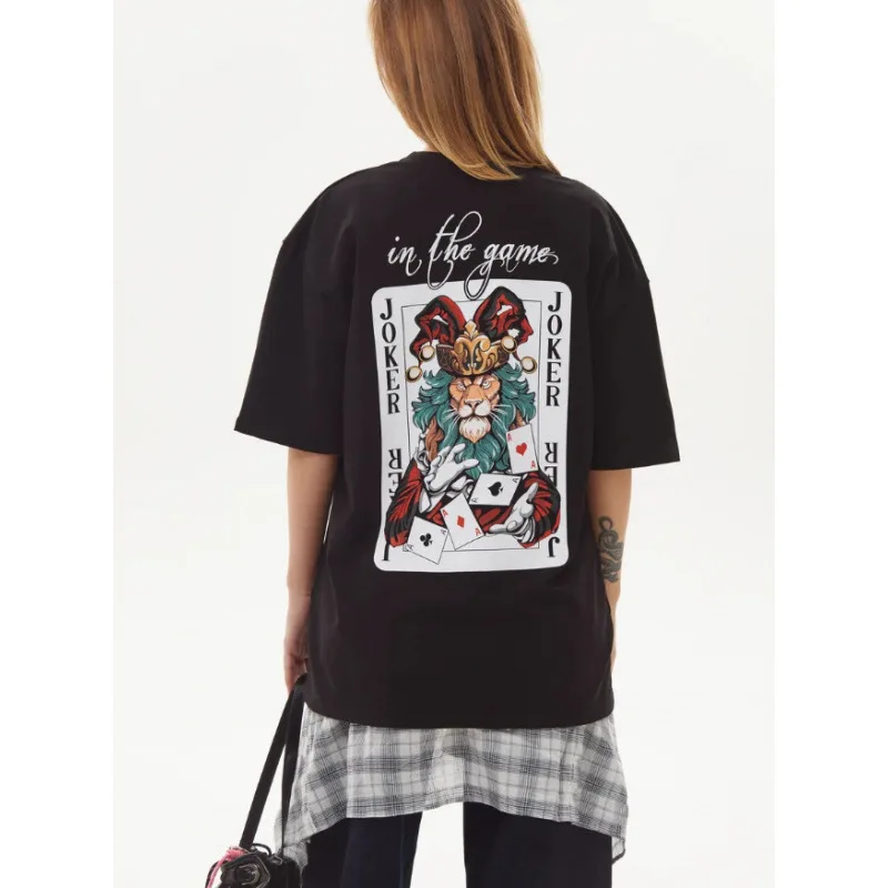 Y2K Hip Hop Streetwear Black Oversized Tee Large Back Joker Lion Poker Card Print Loose Heavy Weight 100% Cotton Unisex T Shirt