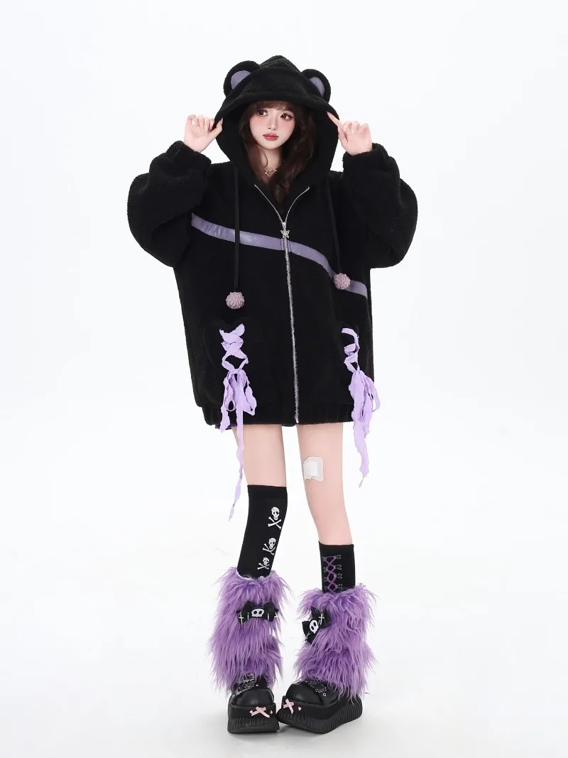 Japanese New Cartoon Ear Subculture Black Purple Lamb Wool Hooded Thickened Cotton Clothes Loose Long Sleeves Top Parkas Winter