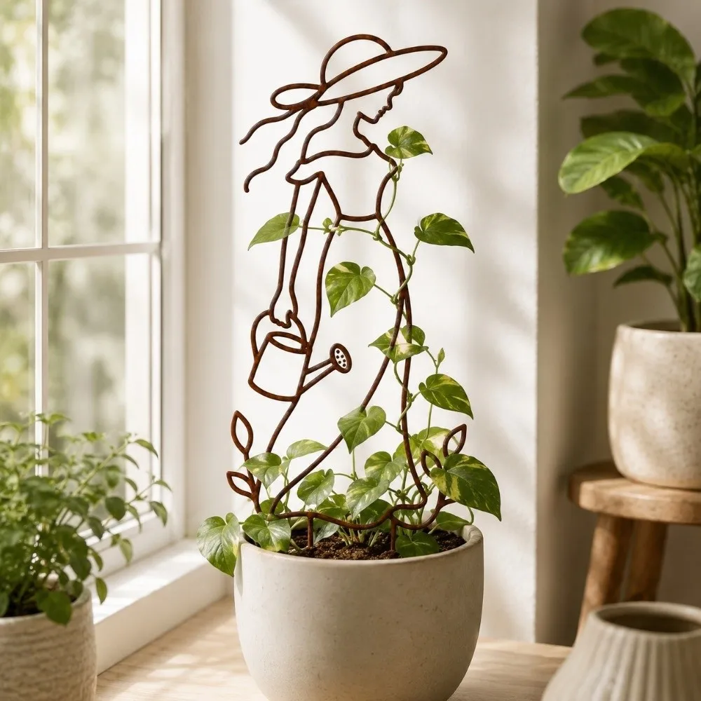 Distressed Iron Character Silhouette Plant Trellis Hollow Out Strong Load Bearing Lady Plant Support Pile Rust Proof
